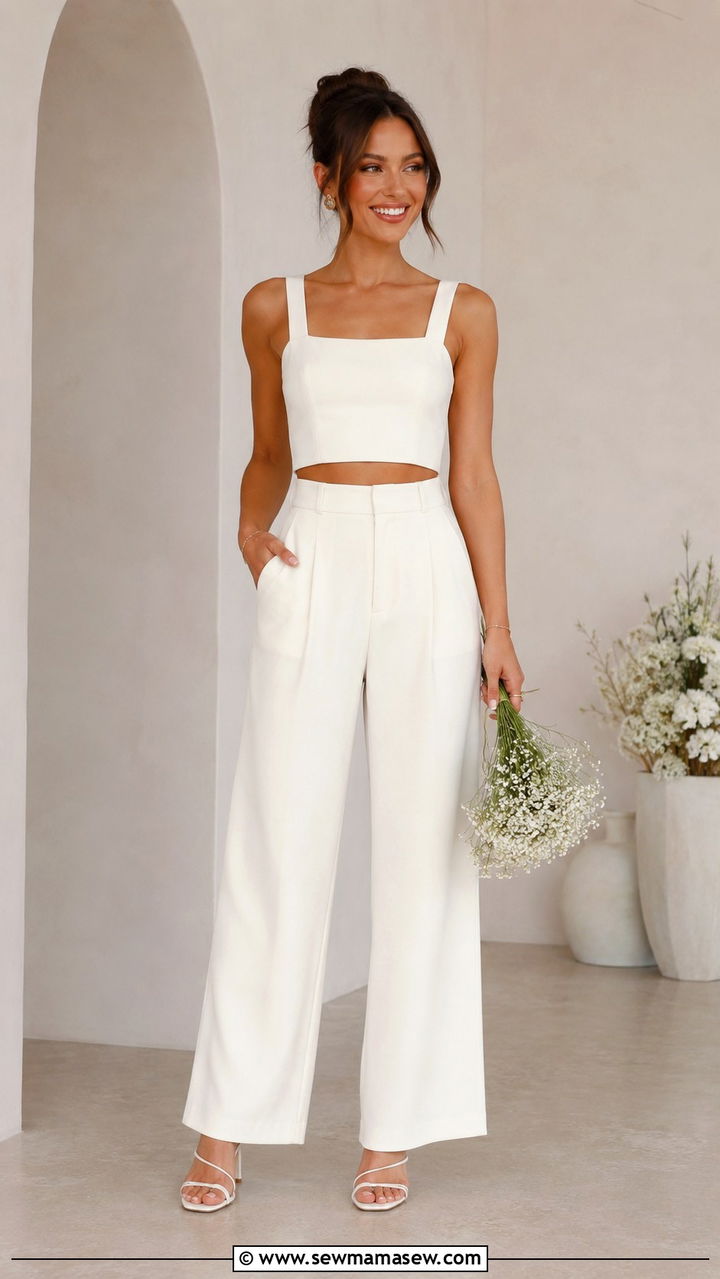 Ivory Two Piece Set With Strappy Heels - 30 chic bridal shower outfits for women