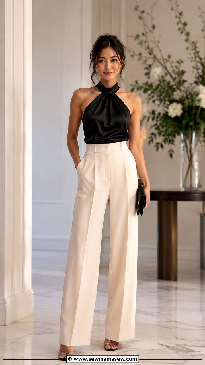 Ivory Wide Leg Trousers With a Black Satin Halter Top - 25 Petite work outfit ideas with pants