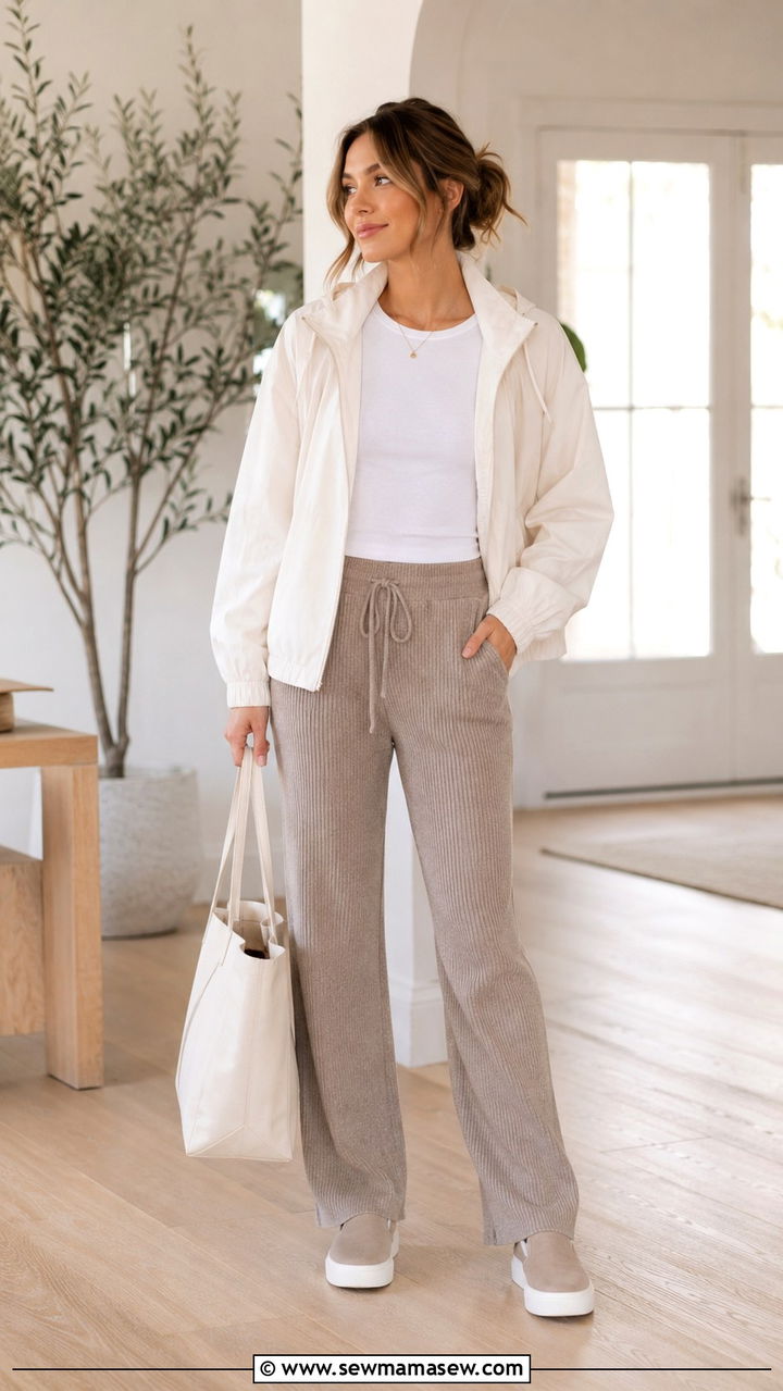 Ivory Windbreaker With Taupe Knit Pants Outfit - 25 windbreaker outfits aesthetic