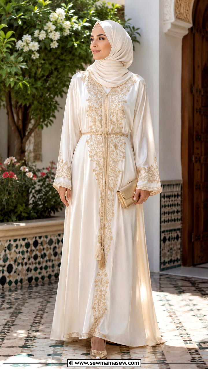 Ivory and Gold Abaya with Coordinated Hijab - 25 Wedding guest outfit ideas Moroccan wedding