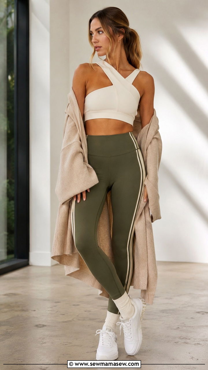 Ivory architectural sports bra and olive leggings - 25 Pilates girl outfit ideas