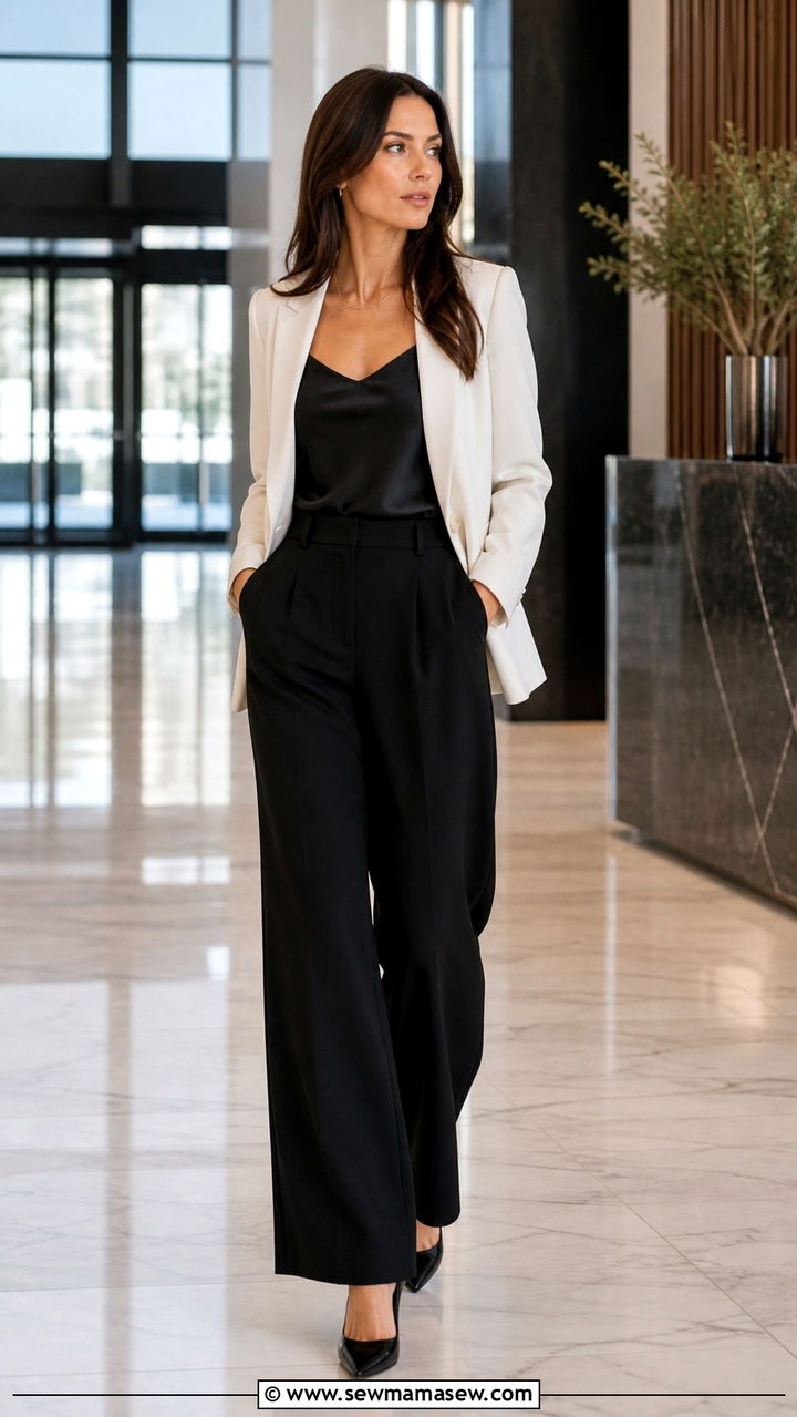 Ivory blazer with black wide leg trousers - 40 office outfits 2026