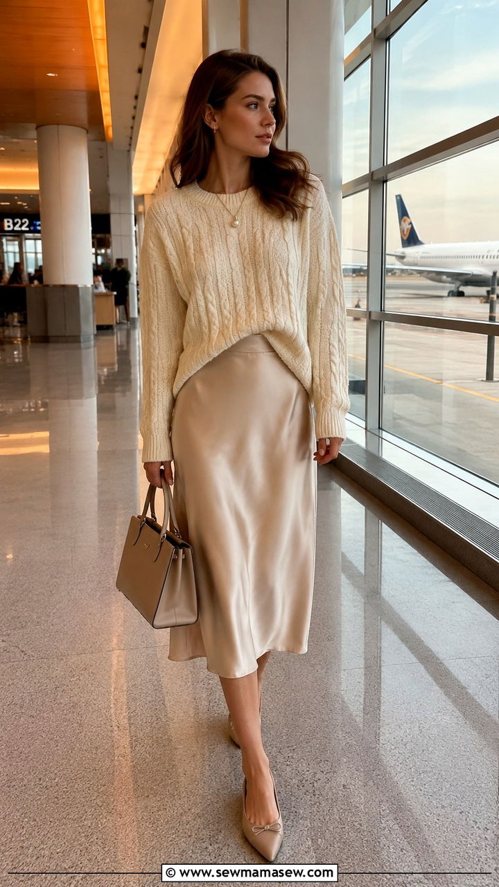 Ivory cable knit sweater over a satin midi skirt and pointed flats - 30 Quiet luxury outfit ideas for airport