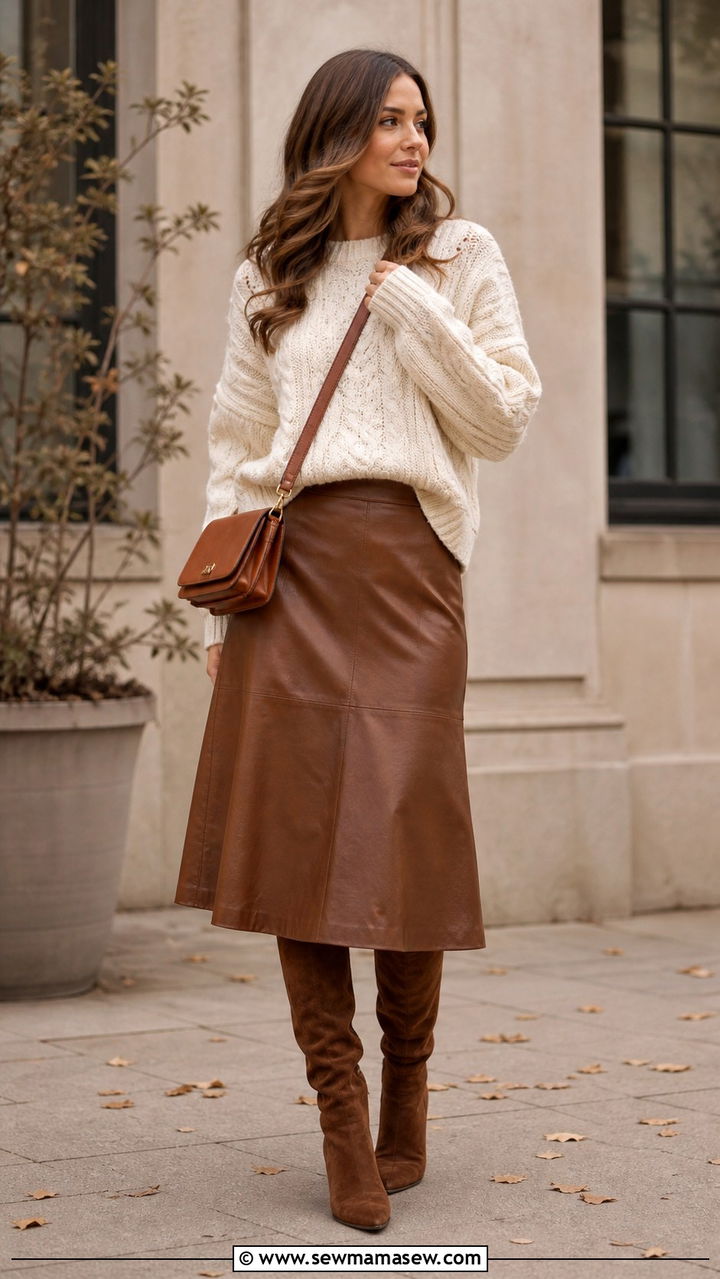 Ivory cable knit sweater with brown leather midi skirt - 40 elegant outfits