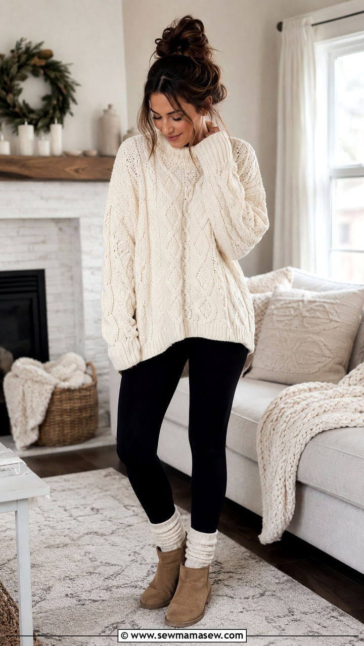 Ivory cable knit sweater with cozy leggings - 30 Loungewear outfit ideas 2026
