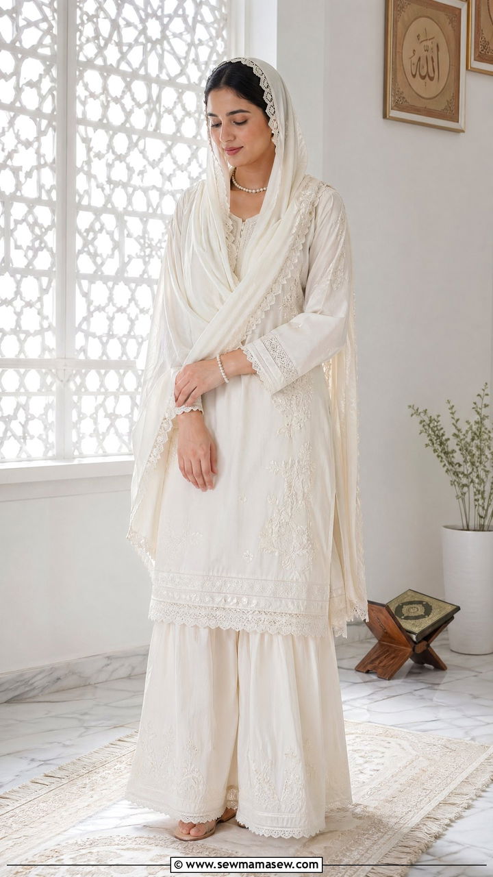 Ivory cotton sharara set with pearl jewelry - 35 Eid outfit ideas modest