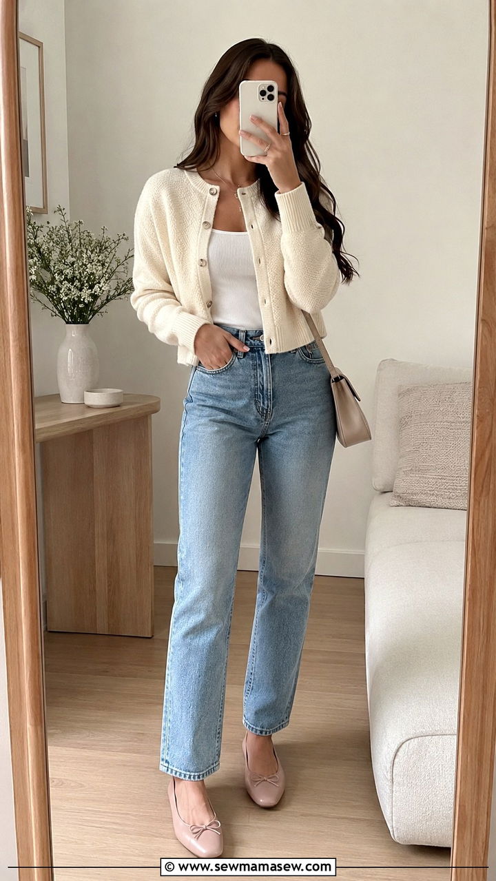 Ivory cropped cardigan with high waist jeans and ballet flats - 30 Spring outfits with cardigan