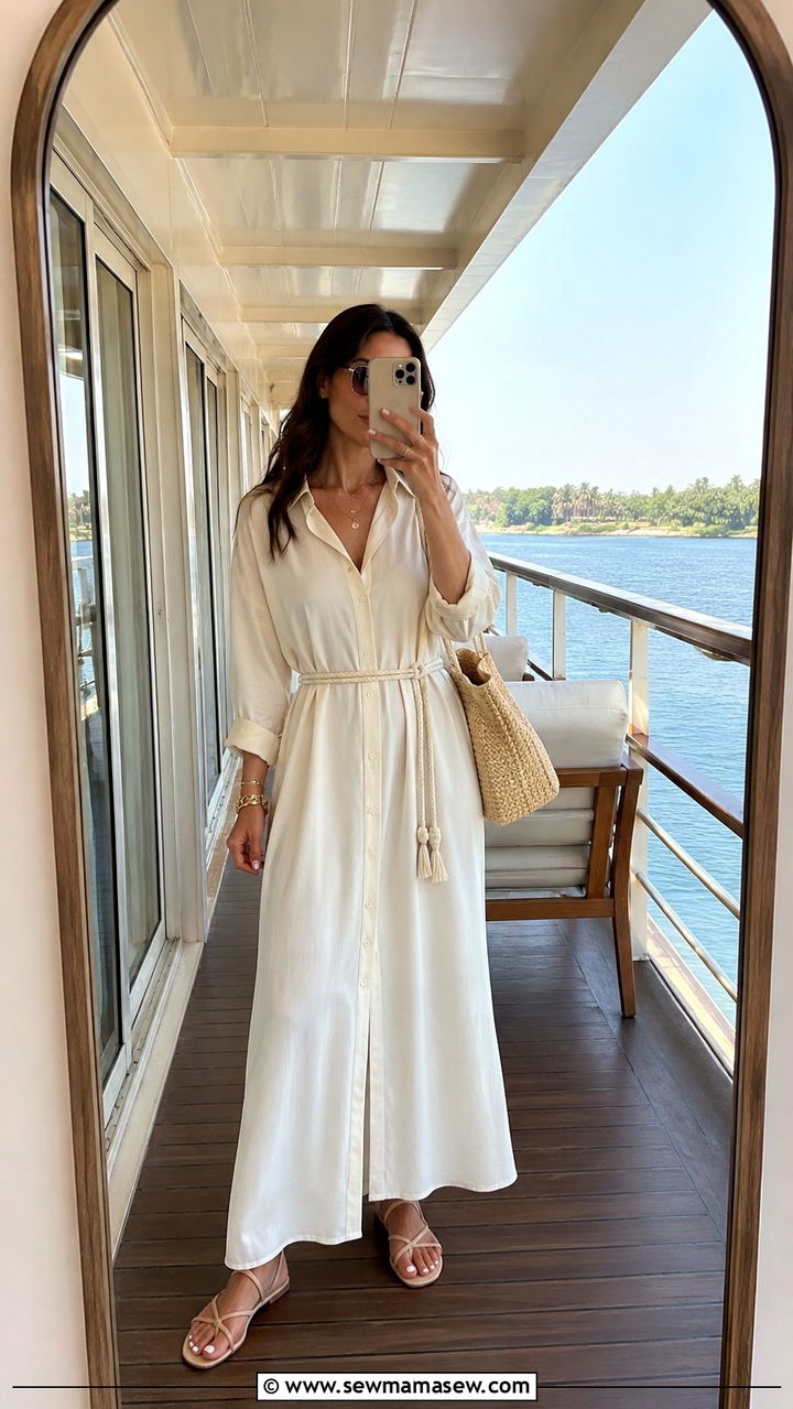 Ivory maxi shirt dress with a rope belt - 30 Nile cruise outfit ideas