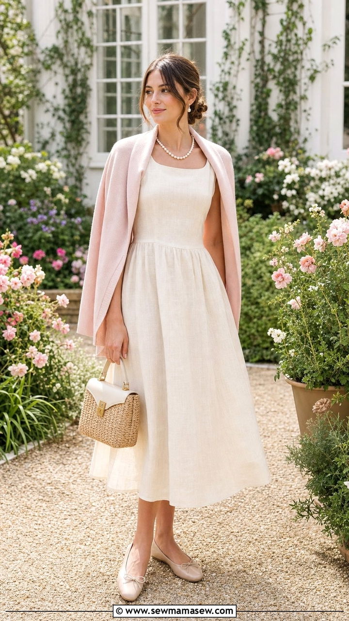 Ivory midi dress with cardigan old money look - 25 cute old money outfits