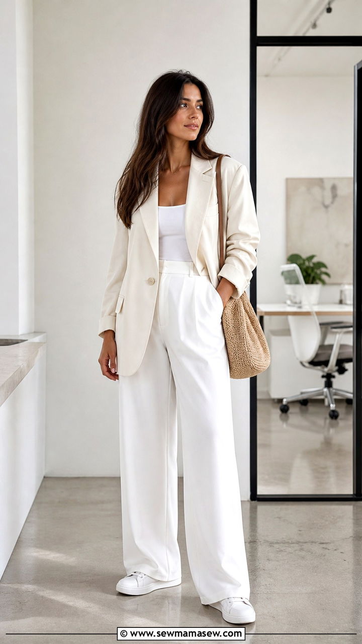Ivory oversized blazer with white wide leg trousers - 40 Chic work outfit ideas