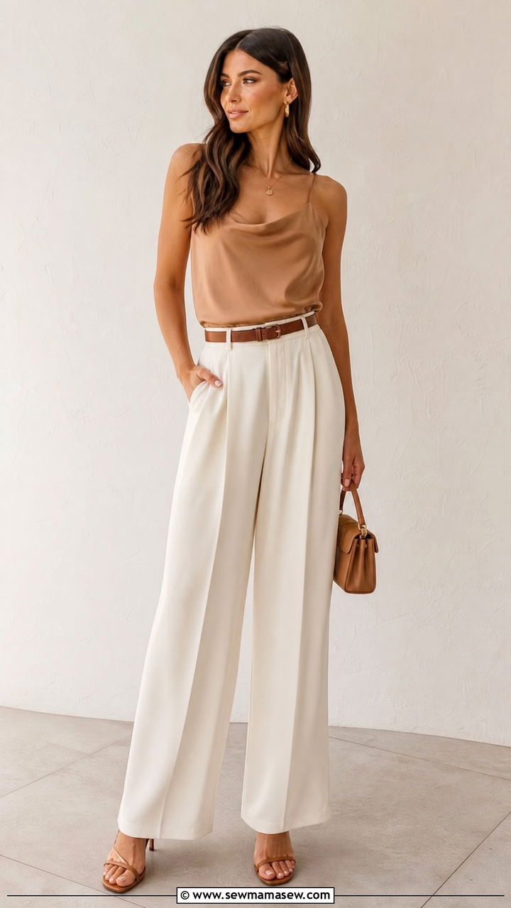 Ivory palazzo pants and camel cami - 30 summer neutral outfit ideas