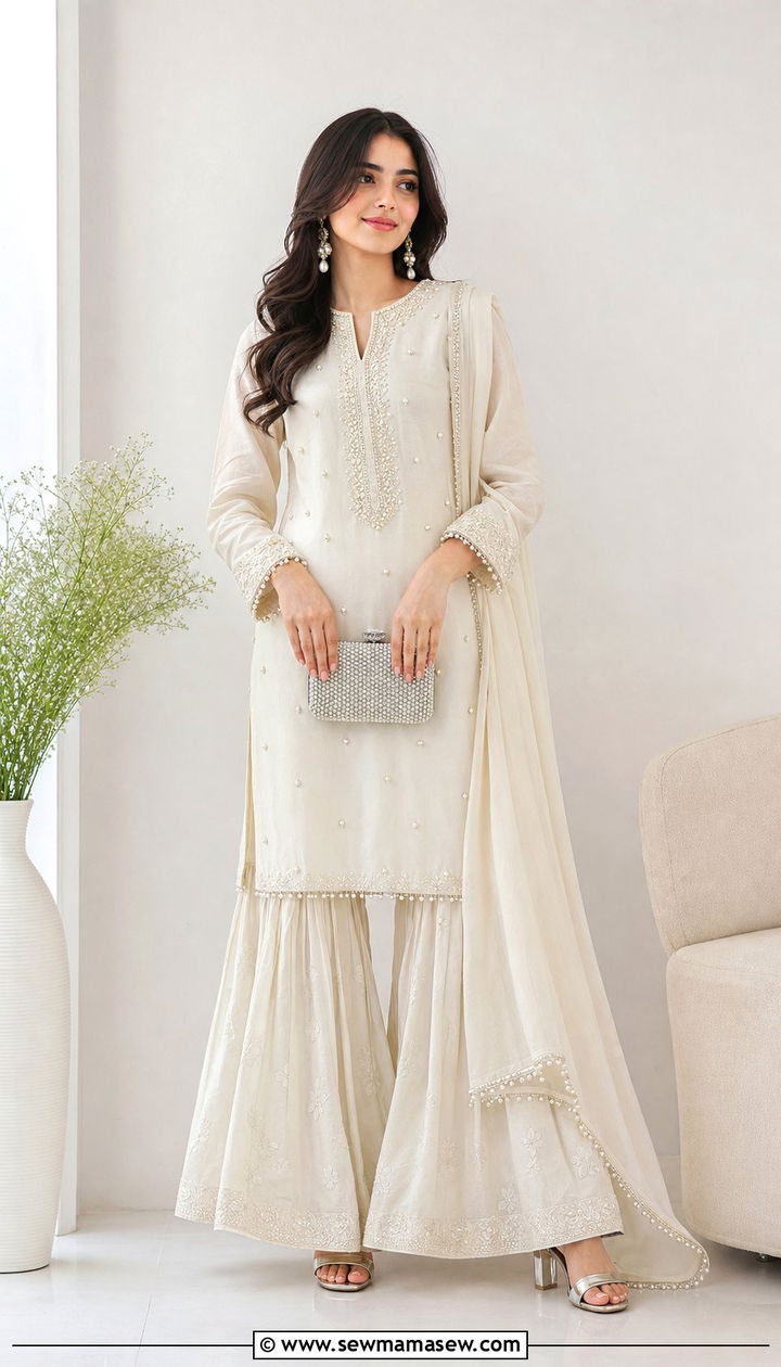 Ivory sharara set with pearl accents - 25 Eid al Adha outfit ideas 2026
