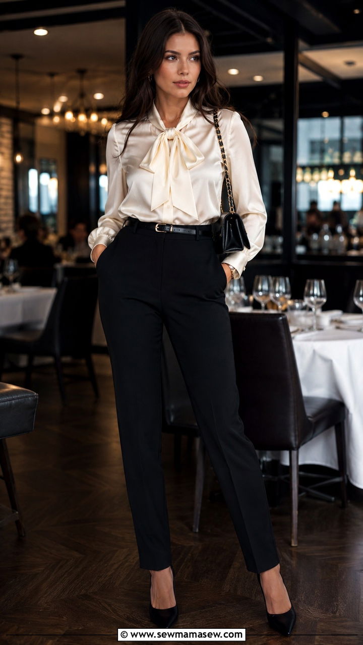 Ivory silk blouse and black tailored trousers outfit - 25 Quiet luxury minimalist outfit ideas