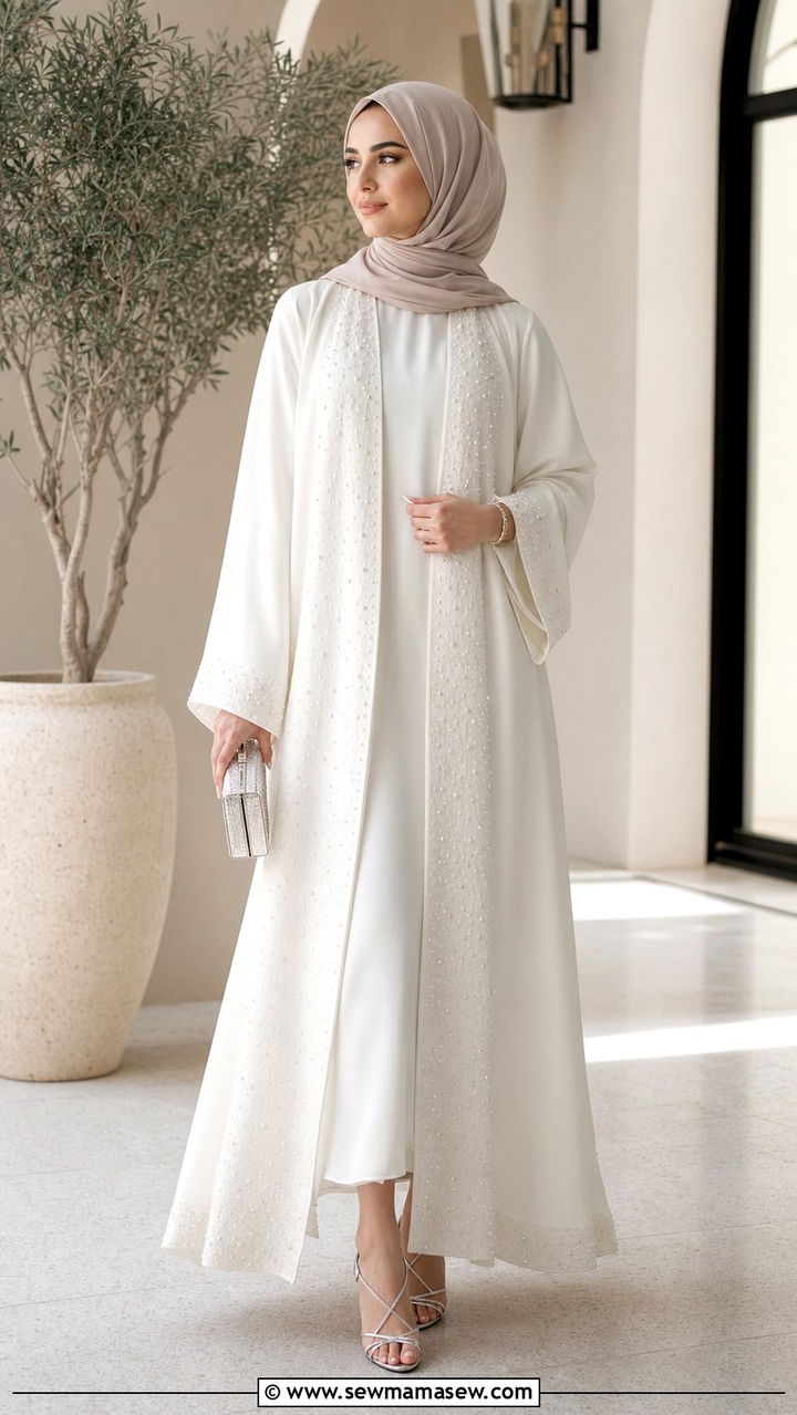 Ivory white abaya with metallic accessories - 25 Eid outfit ideas with abaya