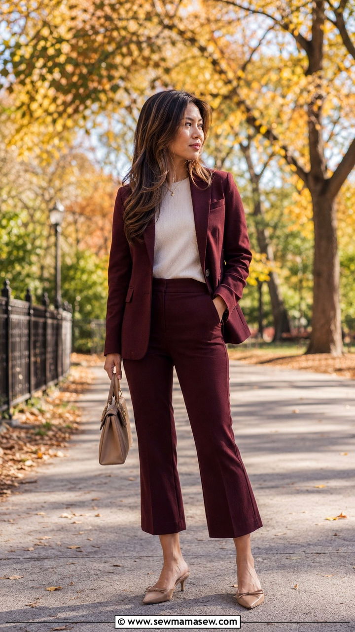 J Crew Petite Burgundy Blazer and Cropped Flare Pants - 25 Petite outfit ideas from J Crew