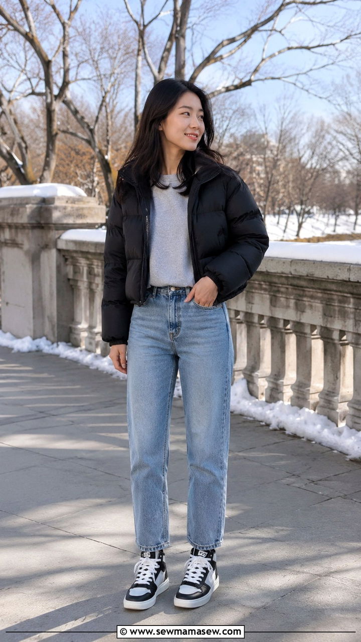 J Crew Petite Puffer Coat and Cropped Sweatshirt - 25 Petite outfit ideas from J Crew