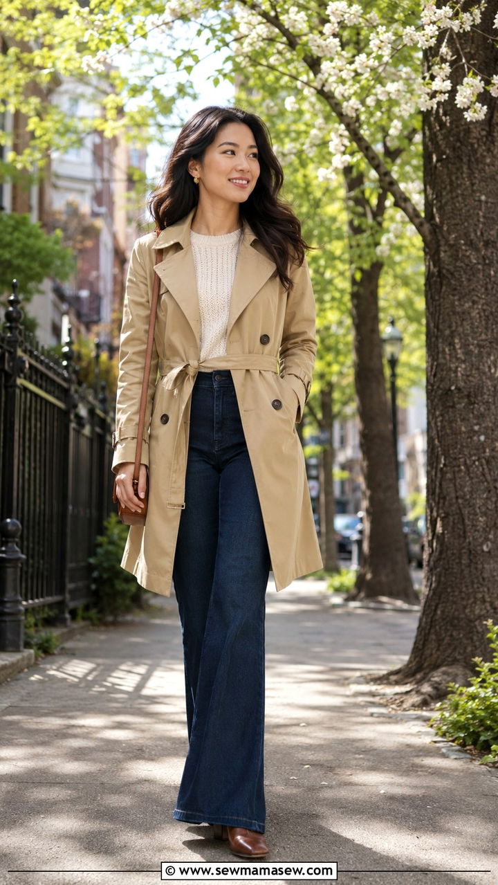 J Crew Petite Trench Coat and Flare Jeans - 25 Petite outfit ideas from J Crew