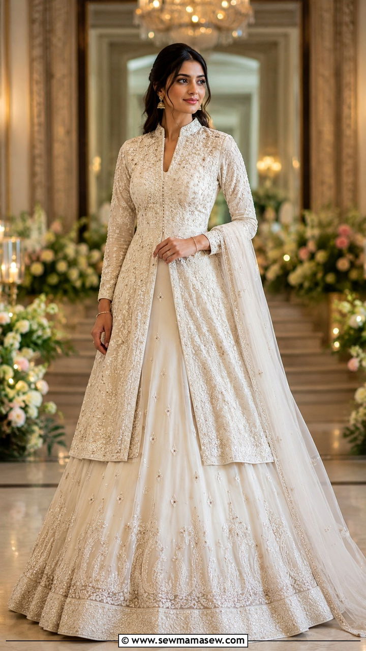 Jacket style lehenga with minimal jewelry - 20 Modest outfit ideas for India
