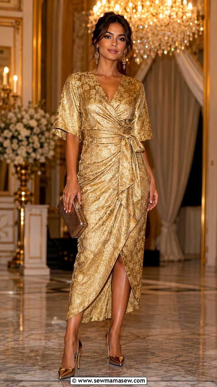 Jacquard Wrap Dress With Metallic Heels Outfit - 25 Wrap dress outfit ideas with heels