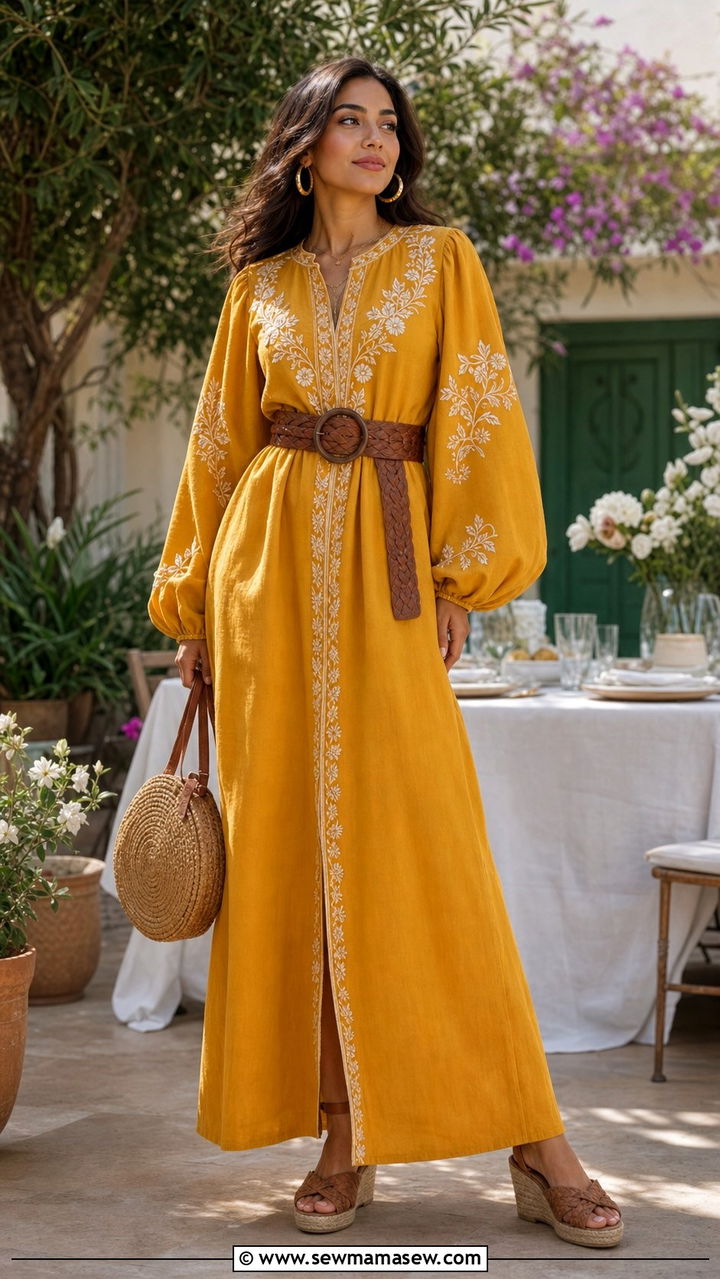Jalabiya with Embroidery and Statement Belt - 25 Eid al Fitr outfit ideas 2026