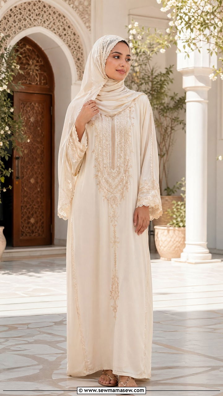 Jalabiya with embroidered details and flat thong sandals - 35 Eid outfit ideas modest