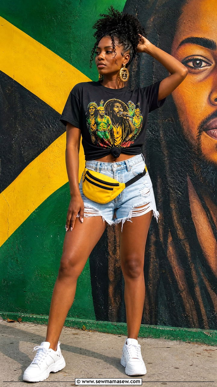 Jamaica Graphic Tee and Distressed Denim Shorts Outfit - 35 Jamaica outfit ideas