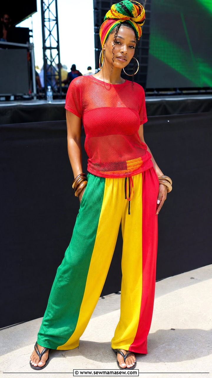Jamaica Mesh Top and Rasta Stripe Pants Outfit - 35 Jamaica outfit ideas
