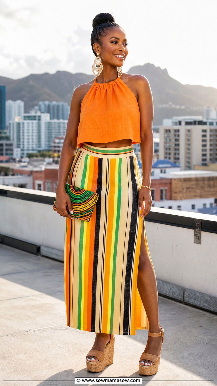 Jamaica Orange Top and Striped Maxi Skirt Outfit - 35 Jamaica outfit ideas