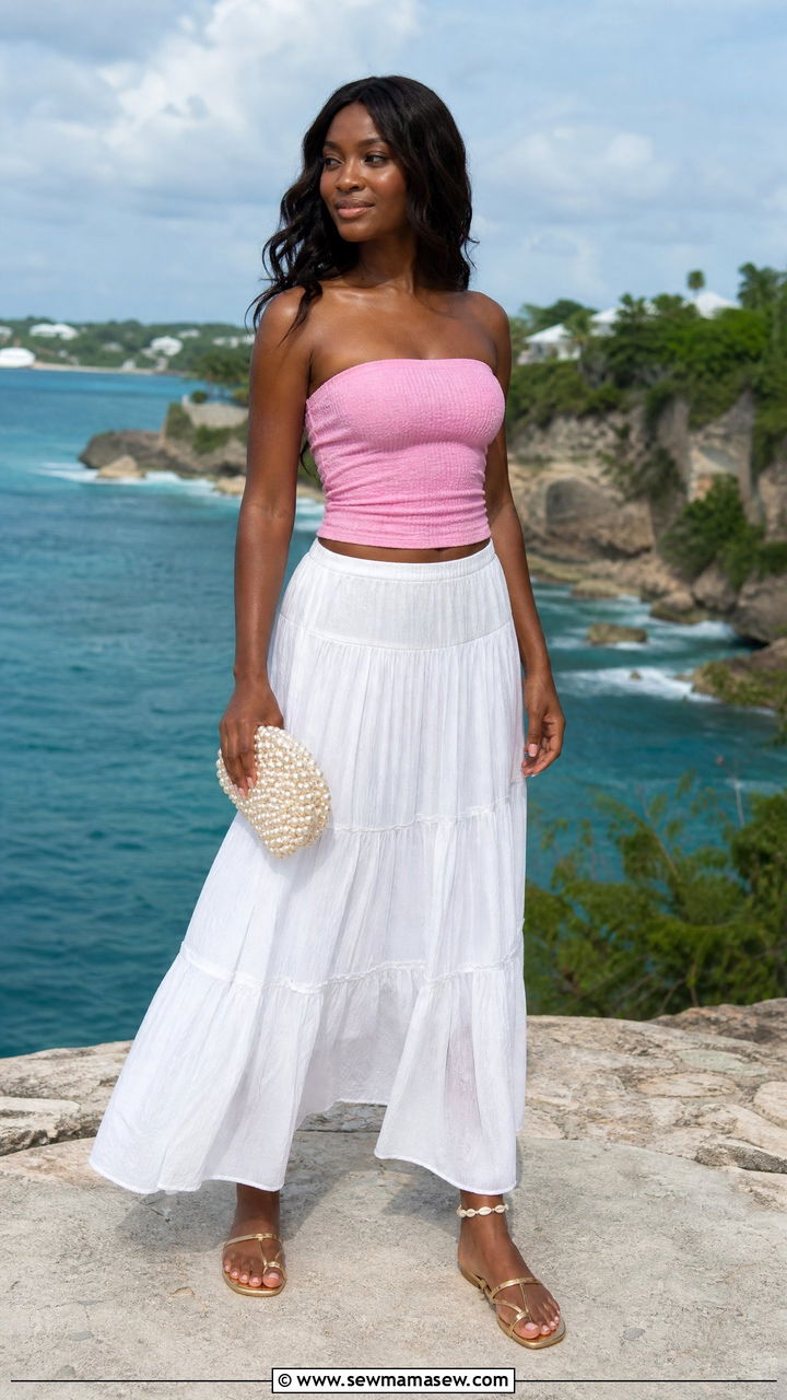 Jamaica Pink Tube Top and White Maxi Skirt Outfit - 35 Jamaica outfit ideas