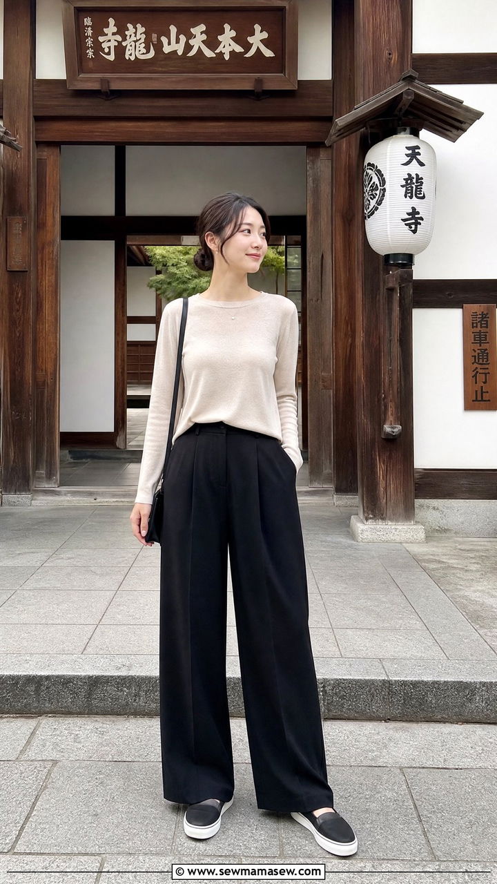 Japan Temple Visit Outfit with Wide Leg Pants - 25 Japan packing list outfits