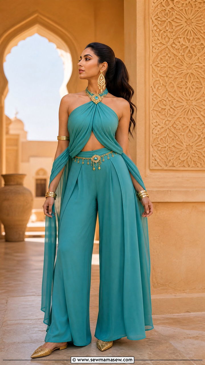 Jasmine Inspired Turquoise Set With Gold Accessories And Pointed Flats - 40 Disney trip outfit ideas
