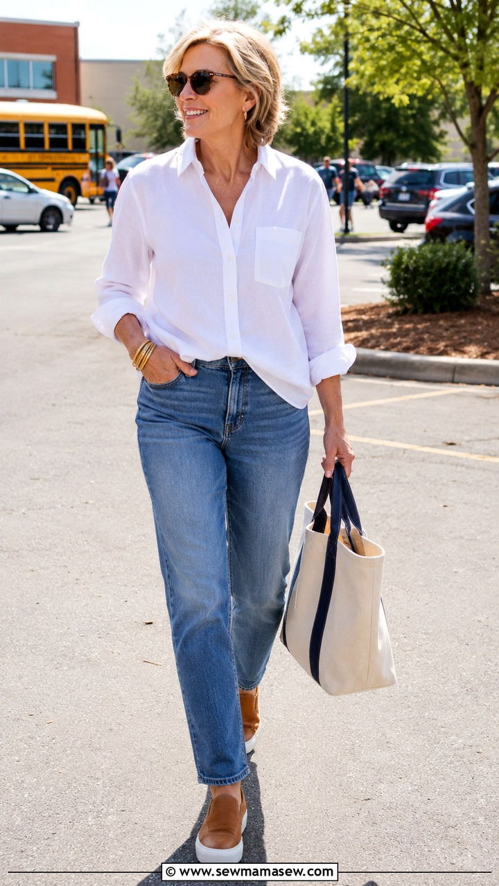 Jeans And White Button Up Shirt Mom Outfit - 30 Outfit ideas for women over 50 school drop off