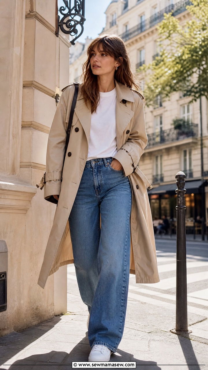 Jeans With Classic Trench Coat And White Sneakers - 30 how to style jeans outfits