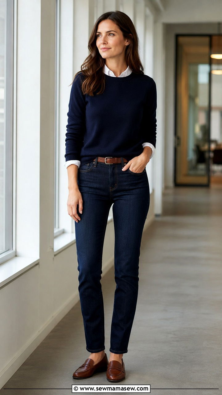 Jeans With Crewneck Sweater Layered Over Button Down - 30 how to style jeans outfits