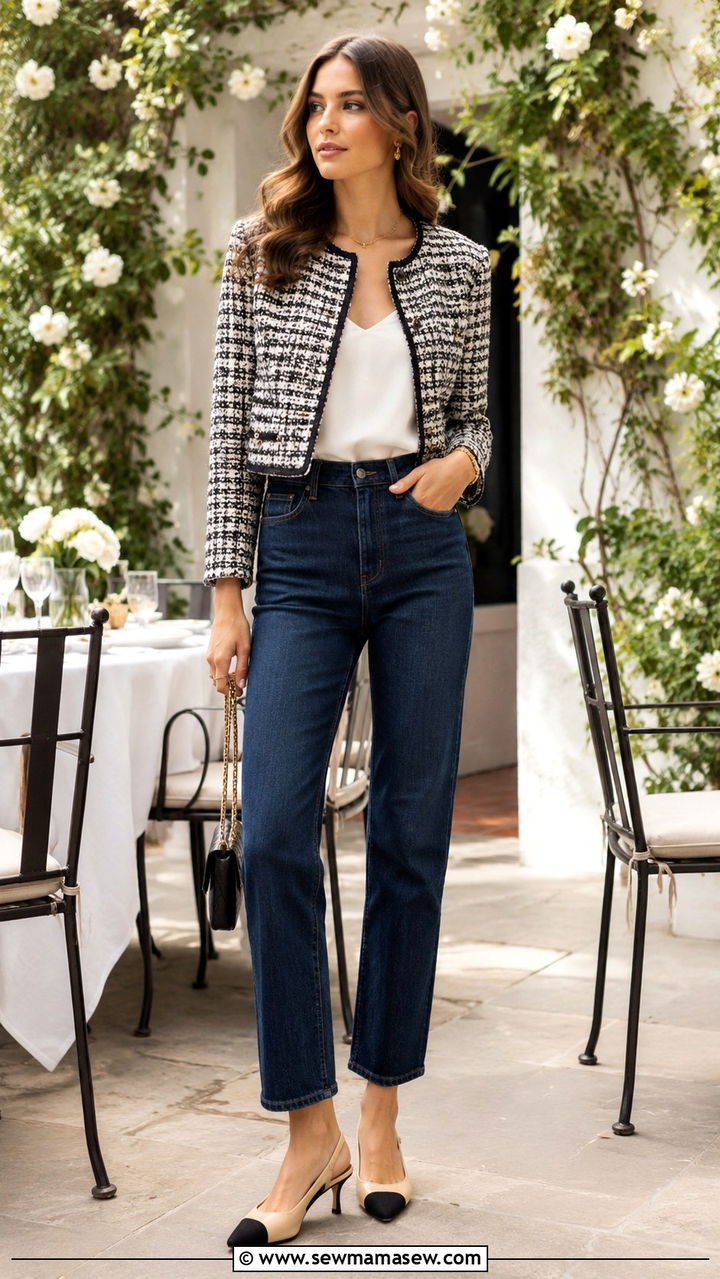 Jeans With Cropped Tweed Jacket And Slingback Heels - 30 how to style jeans outfits