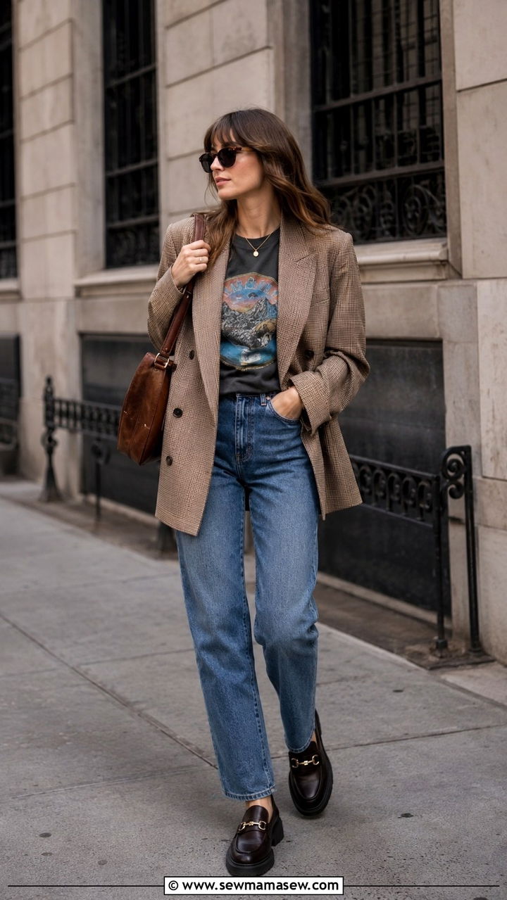 Jeans With Graphic Tee And Blazer Outfit - 20 summer to fall outfits Pinterest