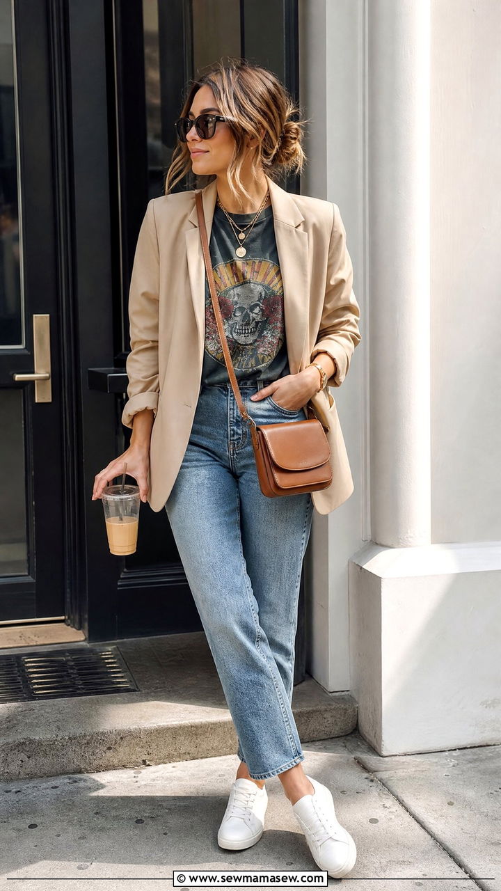 Jeans With Graphic Tee and Blazer - 35 LA brunch outfit ideas