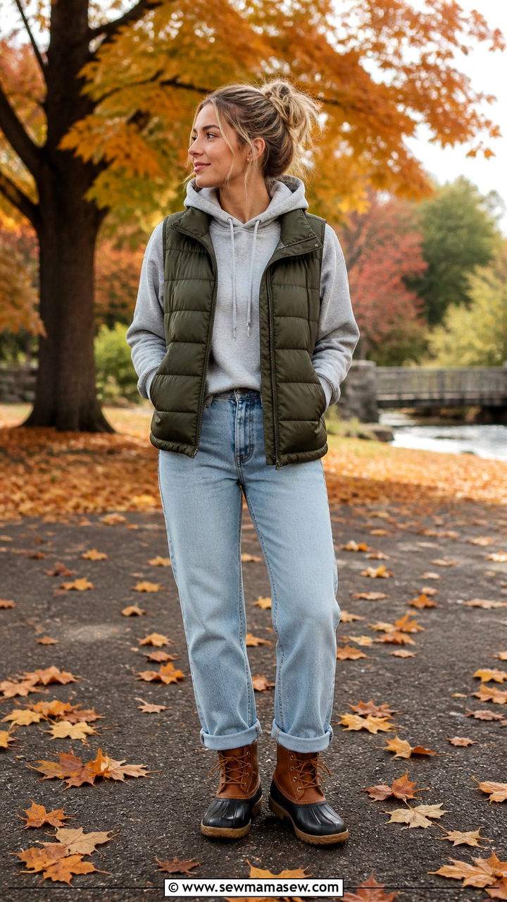 Jeans With Hoodie And Puffer Vest Outfit - 40 jeans outfits for women