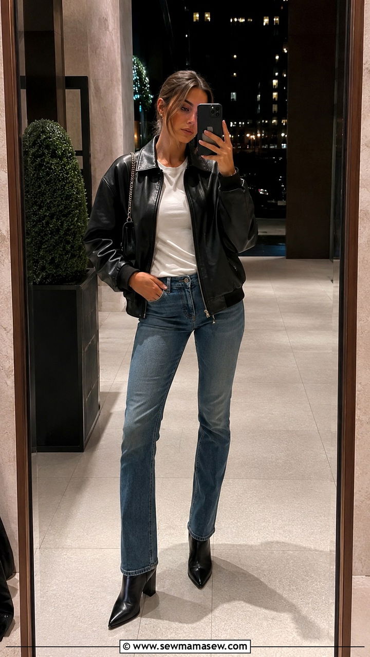 Jeans With Leather Bomber Jacket And Heeled Ankle Boots - 30 how to style jeans outfits