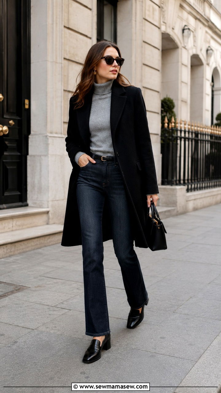 Jeans With Long Wool Coat And Heeled Loafers - 30 how to style jeans outfits