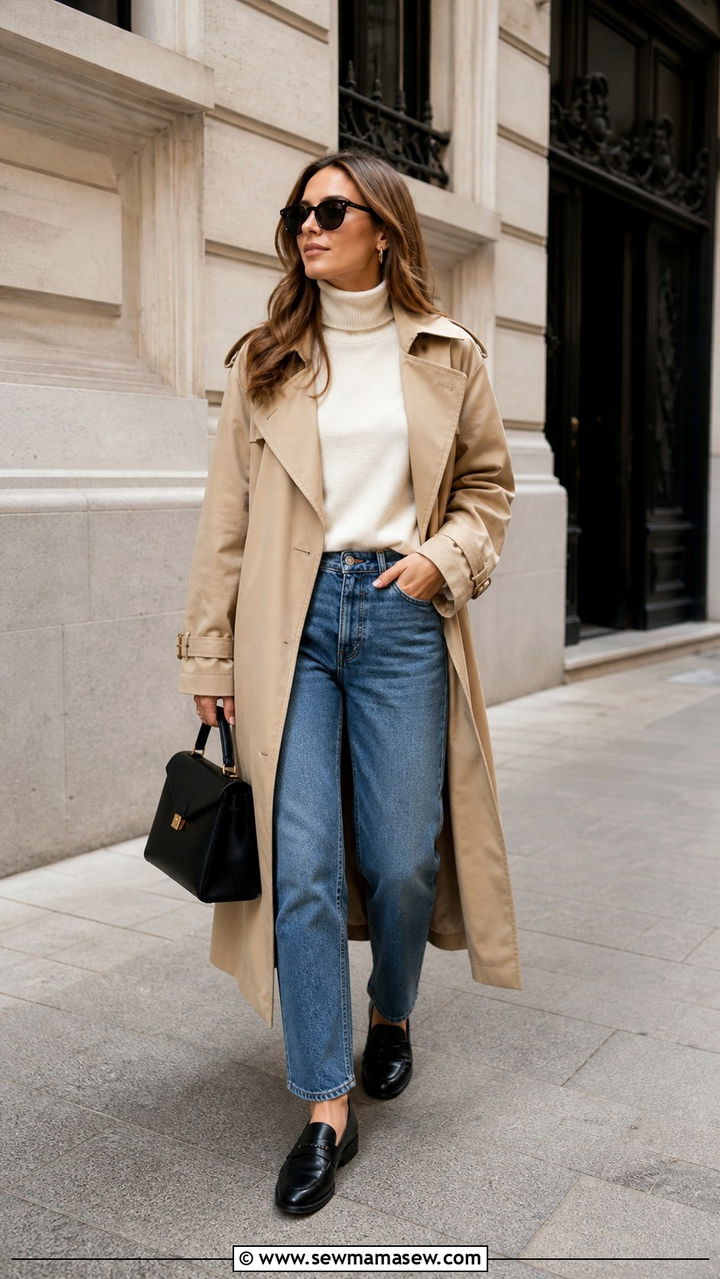 Jeans With Trench Coat And Loafers Outfit - 40 jeans outfits for women