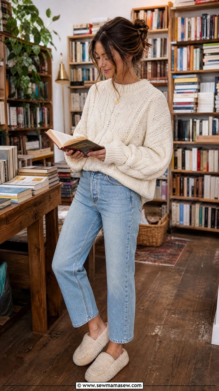 Jeans and Chunky Knit Sweater with Fuzzy Slippers - 30 Fuzzy slippers outfit ideas