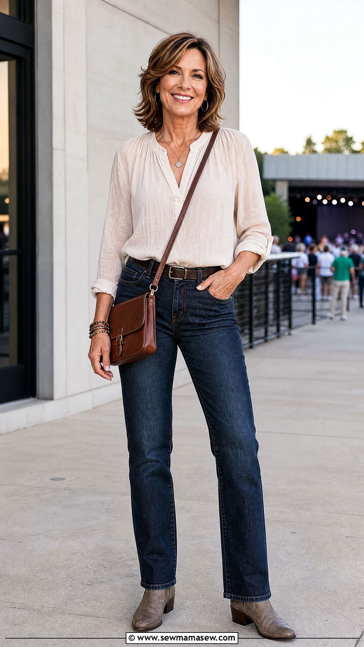 Jeans and Fitted Blouse Concert Outfit Over 50 - 30 Concert outfit ideas for women over 50
