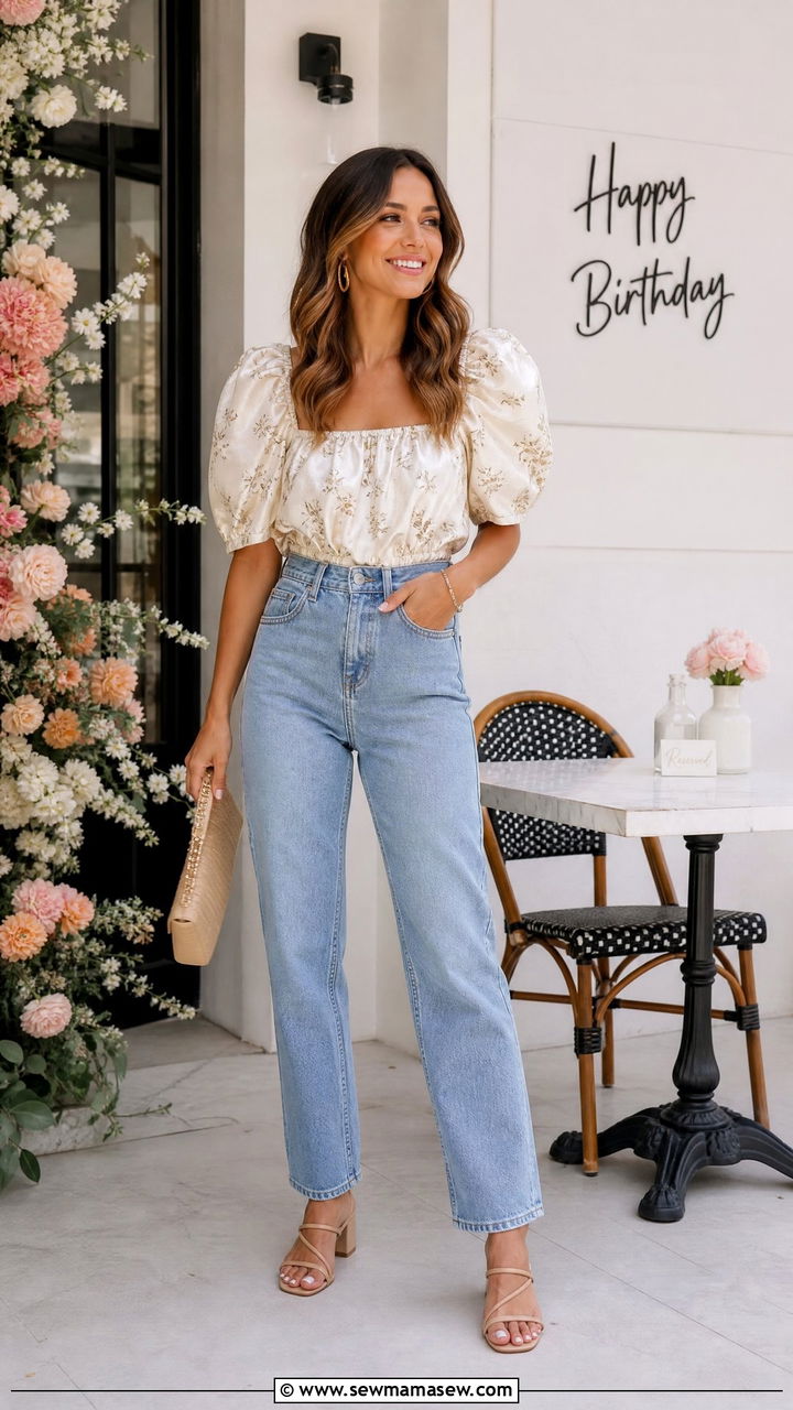 Jeans and a statement top outfit - 25 casual birthday outfits