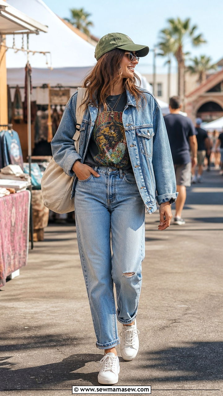 Jeans with Graphic Tee and Denim Jacket Outfit - 40 cute jeans outfits