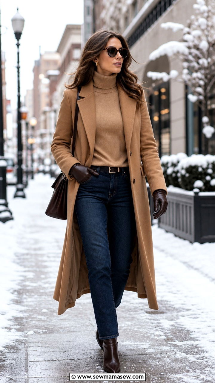 Jeans with Long Wool Coat and Turtleneck Sweater - 40 cute jeans outfits