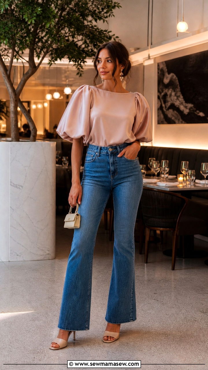 Jeans with Puff Sleeve Blouse and Heeled Mules - 40 cute jeans outfits