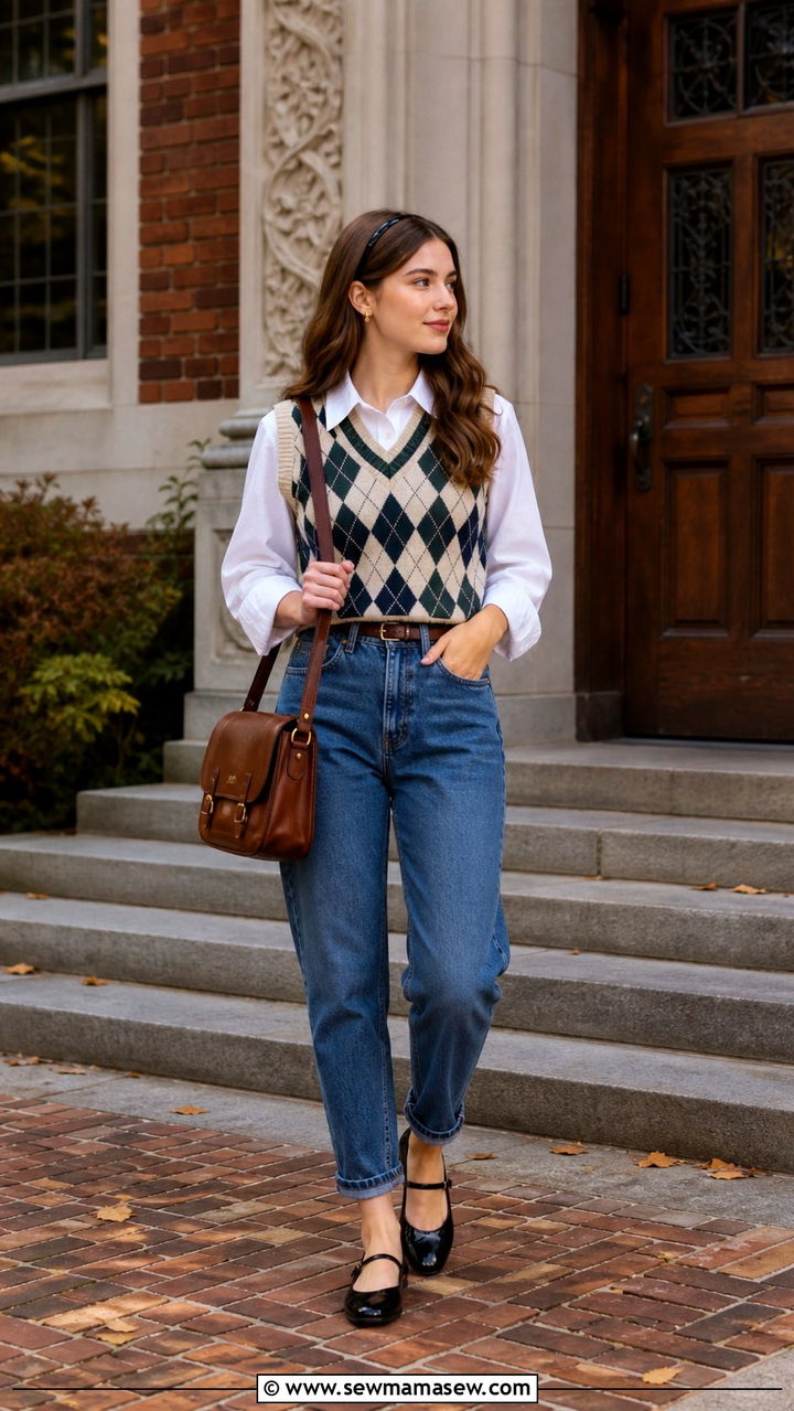 Jeans with Sweater Vest and Mary Jane Flats - 40 cute jeans outfits
