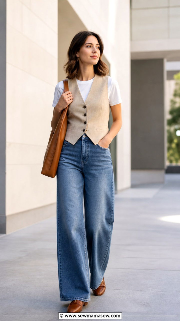 Jeans with Tailored Vest and Loafers - 40 cute jeans outfits