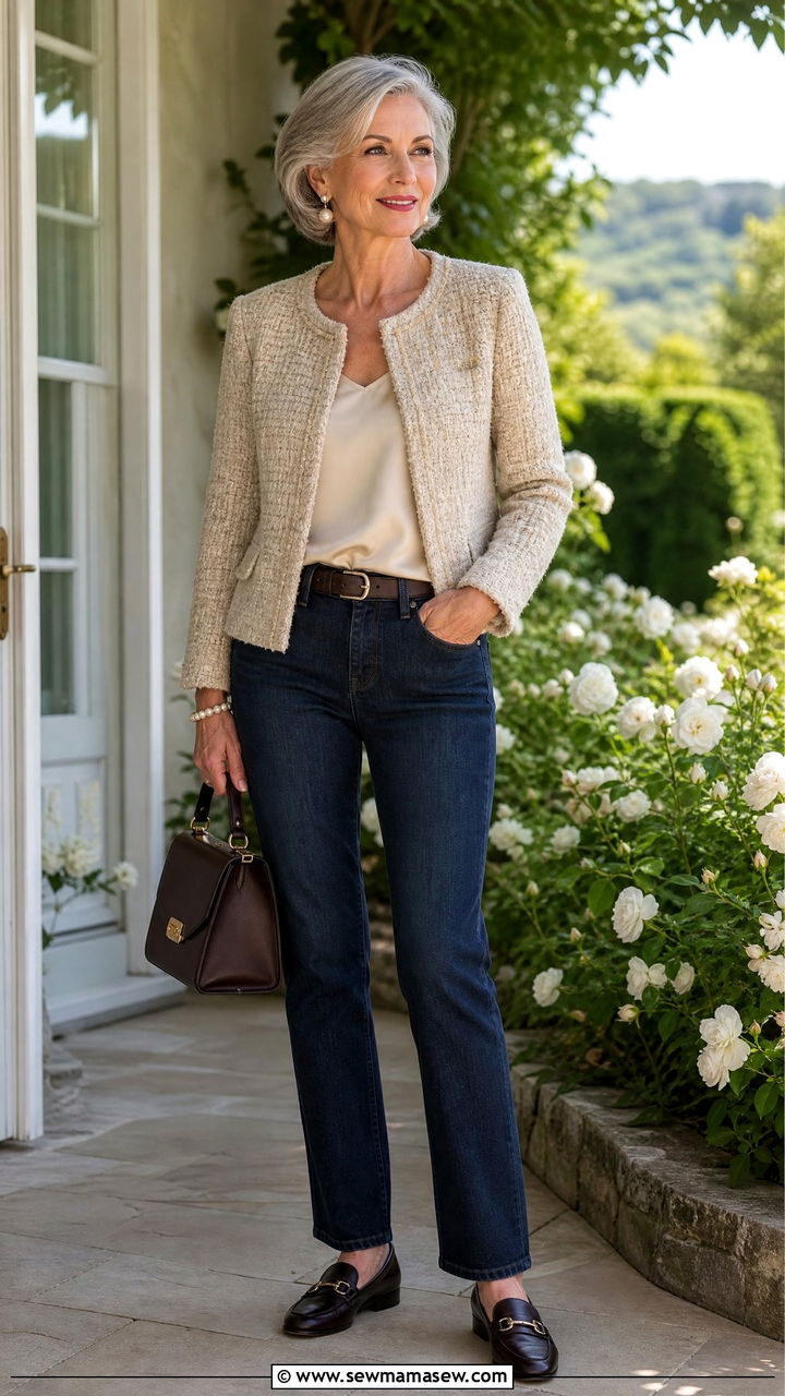 Jeans with Tweed Jacket and Leather Accessories - 35 Jeans outfit ideas for women over 60